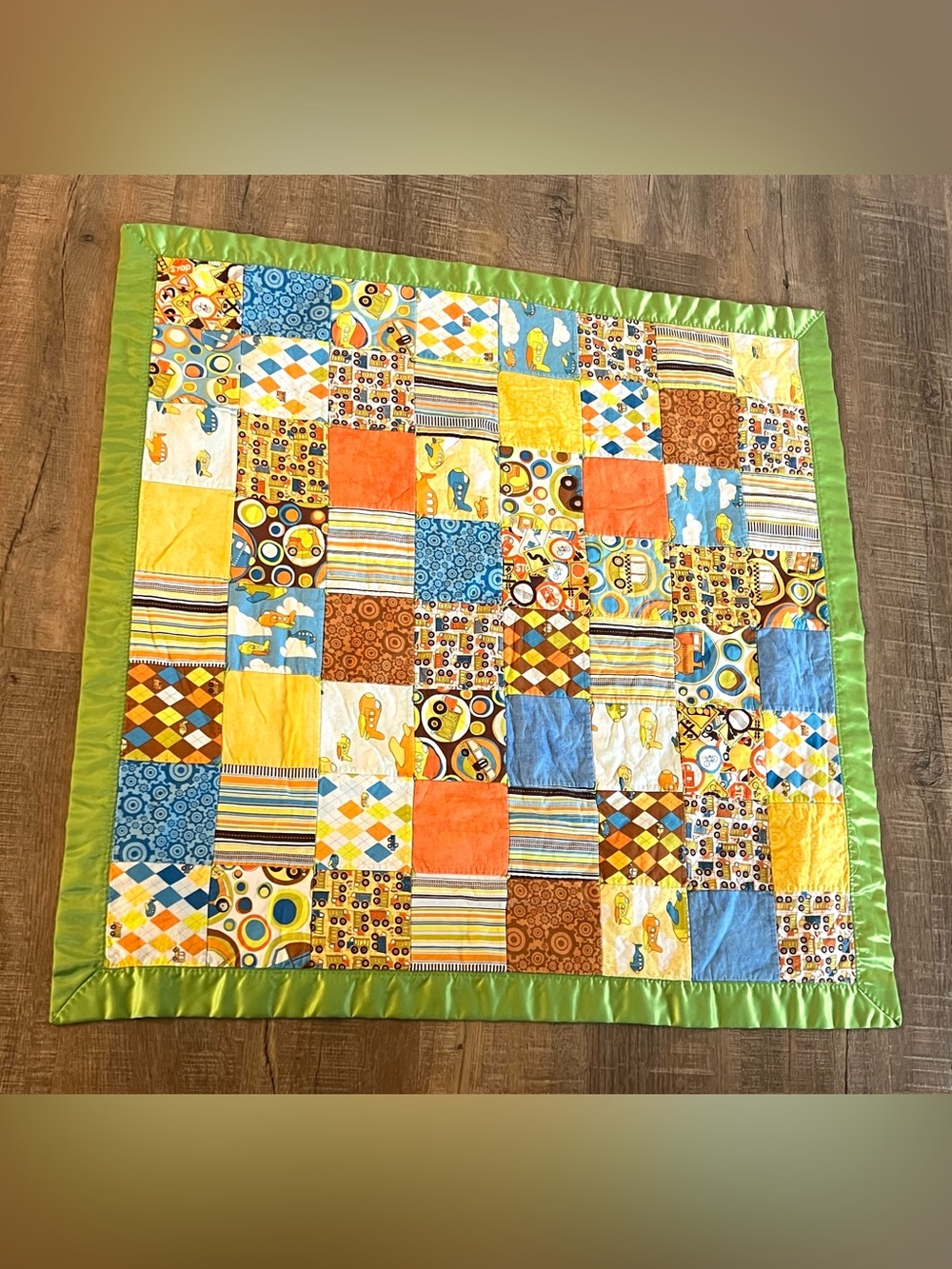 Patchwork Baby Quilt in Yellow, Blue, green 36x36” airplanes trucks car